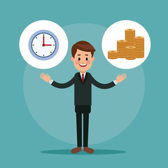 Businessman with clock and coind round symbols vector illustration graphic design