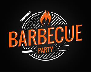 Barbecue grill logo on black background - obrazy, fototapety, plakaty