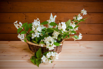 Basket with jasmine flowers on wooden table