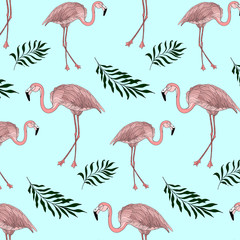 Obraz premium Flamingo and jungle leaves pattern. Cool summer exotic decoration. Hand painted bright exotic birds with leaves isolated on blue background