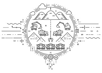 Global concept of extraction minerals, soil, sand, gravel. Extraction with excavator and transportation with dumper truck and freight train. Flat infographics. Linear illustration.