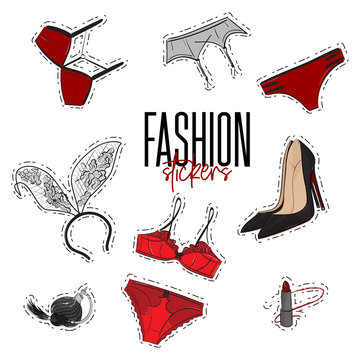 Woman trendy fashionable stickers with bra, panties, intimates, perfume, garnet, lipstick, heels and bunny ears. Valentines Day new collection. Night games stuff. Lingery set decoration. Intimates pin