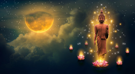 Obraz na płótnie Canvas Buddha standing on a lotus in the sky at night The big moon is the background