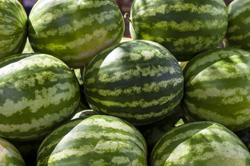 Market counter with delisios watermelons.