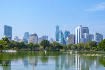 Obraz na płótnie Canvas Business district cityscape from a park with blue sky