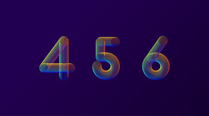Set of colorful modern abstract numbers creative design vector illustration. 4 5 6 Rainbow Neon spring digits isolated on dark purple background.