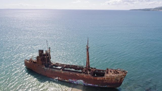 Picturesque aerial view of abandoned shipwreck beach, Peloponnese, Greece