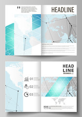 The vector illustration of the editable layout of two A4 format modern cover mockups design templates for brochure, flyer, booklet. Futuristic high tech background, dig data technology concept.