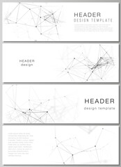 Minimalistic vector editable layout of headers, banner design templates in popular formats. Technology, science, medical concept. Molecule structure, connecting lines and dots. Futuristic background