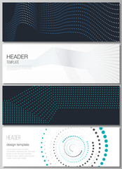 The minimalistic vector illustration of the editable layout of headers, banner design templates with simple geometric background made from dots, circles.
