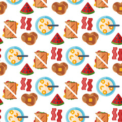Breakfast healthy food meal icons seamless pattern background drinks flat design bread egg lunch healthy meat menu restaurant vector illustration.