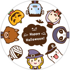 ハロウィンのかわいいモンスター　ハッピーハロウィン　顔　丸　アイコン　セット