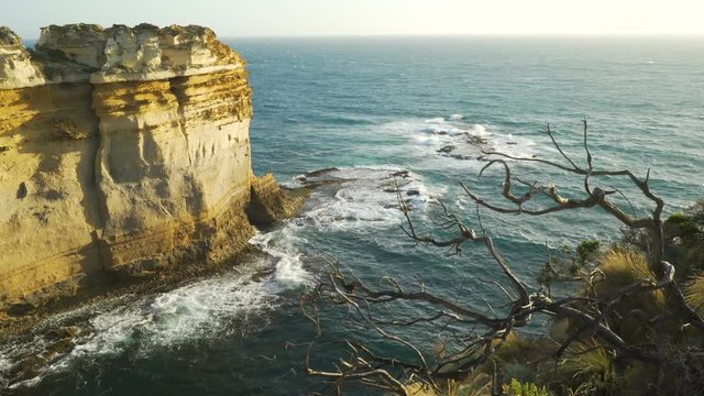Dolly move of the razorback lookout at sunset in Twelve apostles in Victoria, Australia
