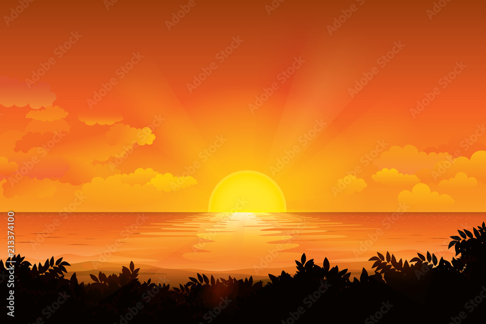 Wall mural sunset on the horizon over the sea landscape. vector illustration - Wall murals