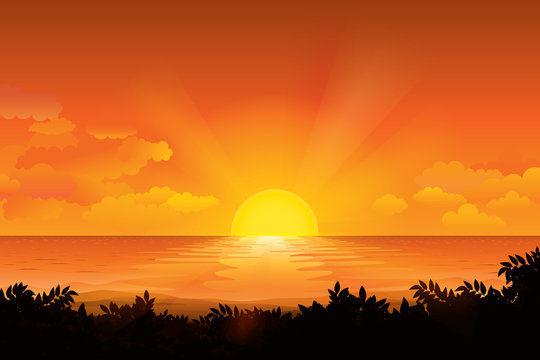 Sunset on the horizon over the sea landscape. Vector illustration