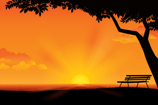 Sunset on the horizon over the sea landscape. Vector illustration
