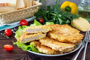 Grilled chicken breasts with cheese. Thanksgiving Turkey dinner.