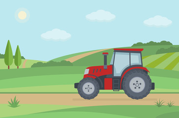 Red tractor on rural landscape background. Flat style vector illustration.
