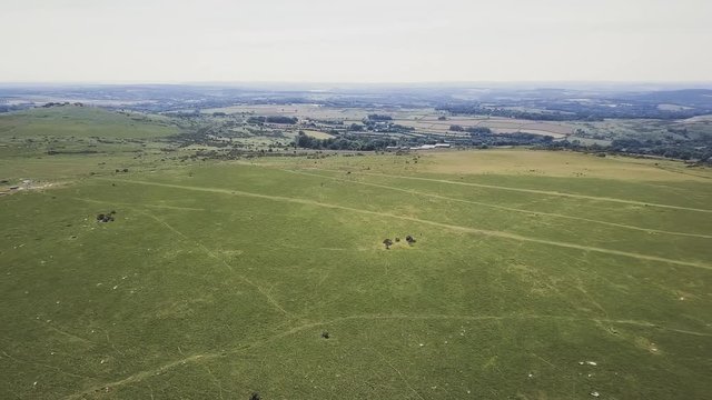 Aerial pan, hovering over expansive grasslands on a ranch in Dartmoor, UK