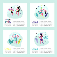 Carnival Poster, Banner, Brochure with Dancing Character People. Masqeurade Party Elements with Masks and Festive Symbols. Vector illustration