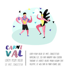 Carnival Poster, Banner, Brochure with Dancing Character People. Masqeurade Party Elements with Masks and Festive Symbols. Vector illustration
