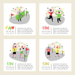 Football Fans Celebrating Victory Poster, Banner. Funny Characters Sport Supporters. Group of People Supporting on Match with Flag and Scarf. Vector illustration
