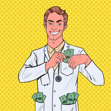 Pop Art Male Corrupt Doctor Put Money into Pocket. Corruption Concept. Vector illustration