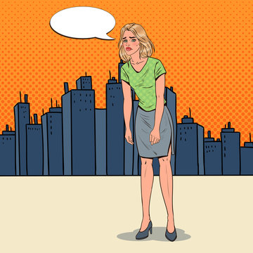 Pop Art Depressed Young Woman in the City. Confused Disappointed Girl. Facial Expression. Negative Emotion. Vector illustration