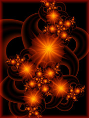 Computer generated 3D fractal.Beautiful flower card of orange flowers on black background.Flowers with a glow effect.