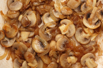 Fried mushrooms with onions. Top view.