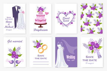 marriage set. collection of wedding cards. vector cartoon illustration