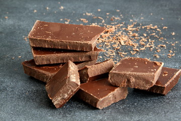 Black chocolate on dark background, close-up