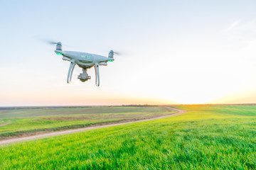 drone quad copter on green corn field