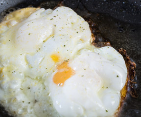 Two fried eggs in a pan