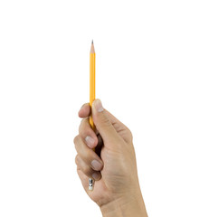 Right hand holding a pencil isolated on white background