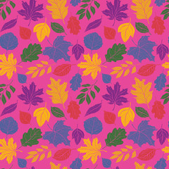 Autumn seamless vector pattern with pink background. Hand drawn colorful fall leaves, vector illustration