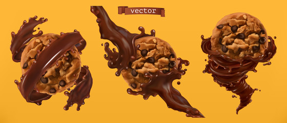 Cookies and chocolate splashes. 3d realistic vector - obrazy, fototapety, plakaty