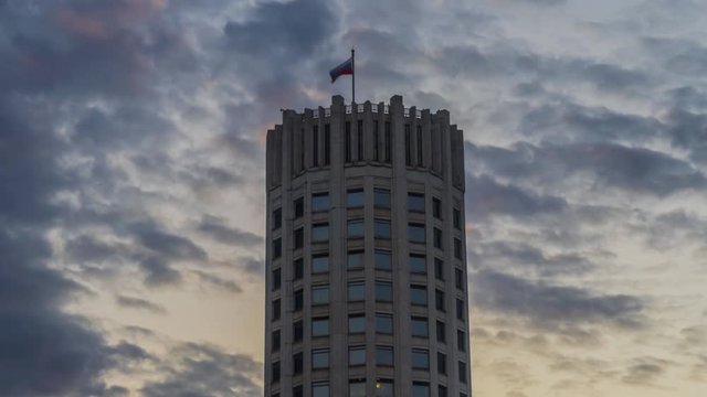 State flag of the Russian Federation over the House Of Government Of The Russian Federation,time lapse