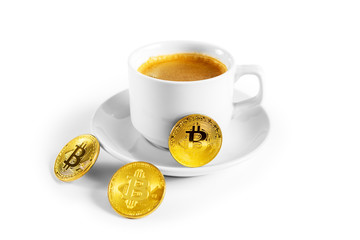 Cryptocurrency golden bitcoin standing on coffee cup isolated on a white background