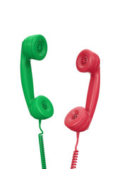 Choice To Reject Or Accept An Incoming Call. Green and red handsets of old-fashioned wire telephones suspended in air isolated on white background. 3D rendering graphics.