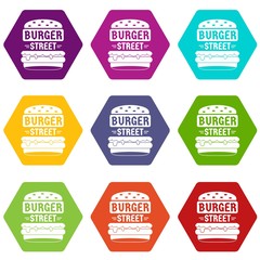 Big street burger icons 9 set coloful isolated on white for web
