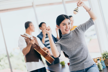 happiness company staff festive party with group of asian co worker friend enjoy and happiness cheerful moment after work in office