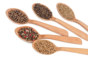Spices in wooden spoons isolated on white