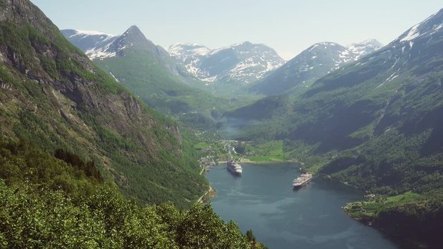 Geiranger fjord area, Norway. Aerial view at summer time.