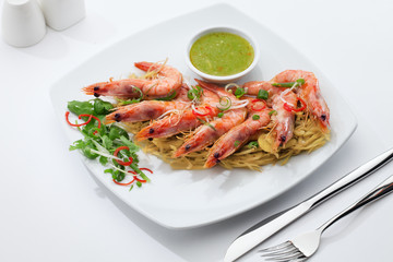 close  up view of nice yummy shrimps on white back