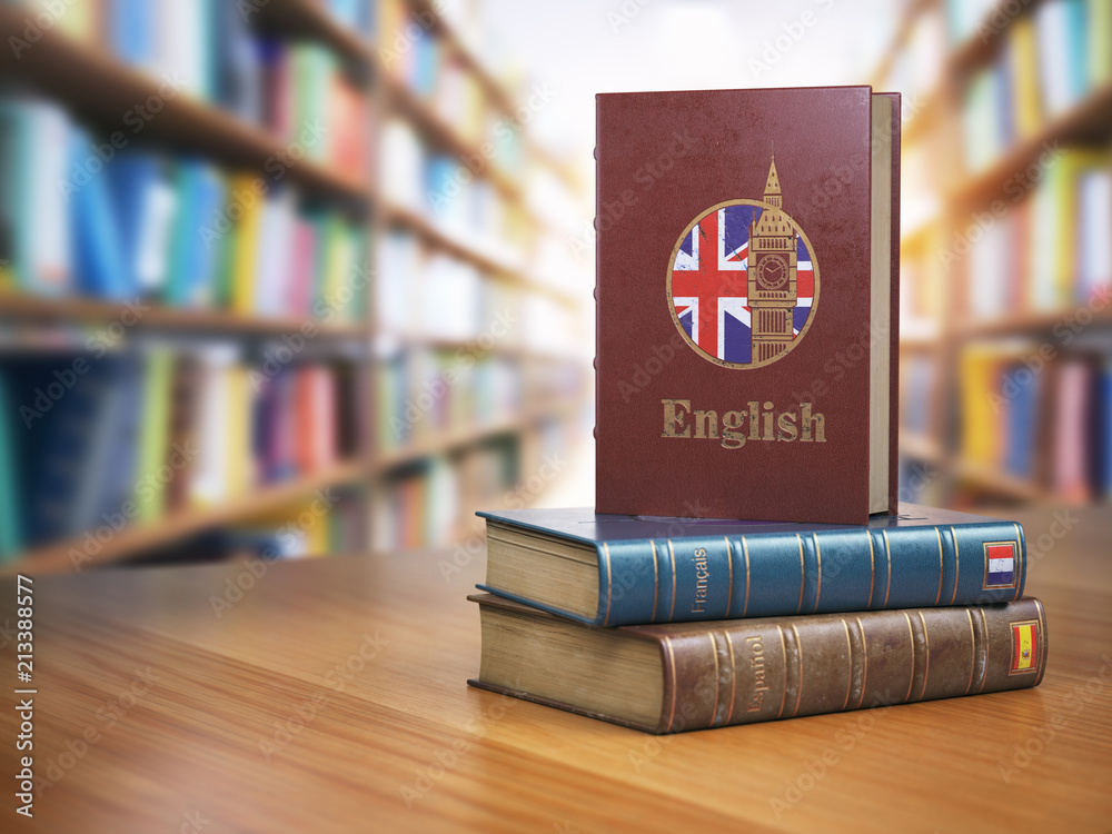 Poster learn english concept. english dictionary book or textbok with flag of great britain and big ben tow