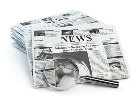 News. Loupe with  periodic ho news newspapers isolated on white.