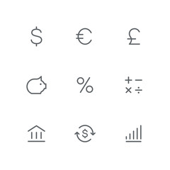 Basic outline icon set - dollar, euro, pound, coin box, percent, calculator, bank, exchange rate and chart symbols. Finance, money and currency, business, success and profit vector signs.