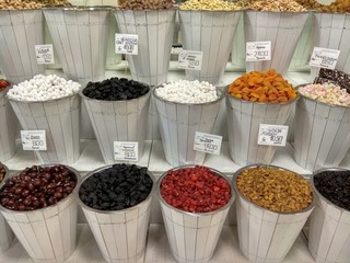 A lot of different Nuts,gummies,marmalade and other snacks.