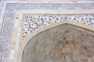 Detail of Taj Mahal exterior in Agra, Uttar Pradesh, India